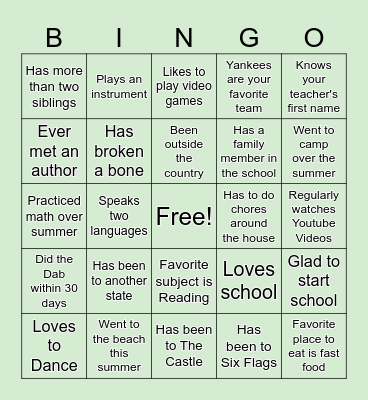First Day of School Bingo Card