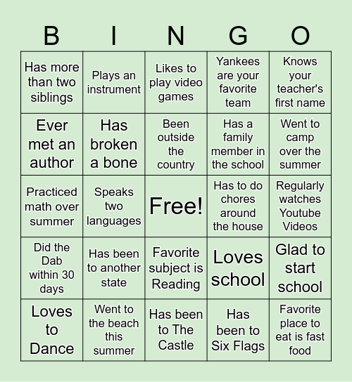 First Day of School Bingo Card
