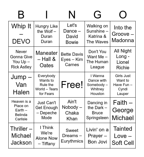 80s Bingo Card