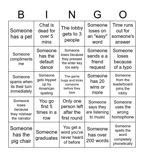 ROBLOX SPELLING BEE CORE BINGO Card