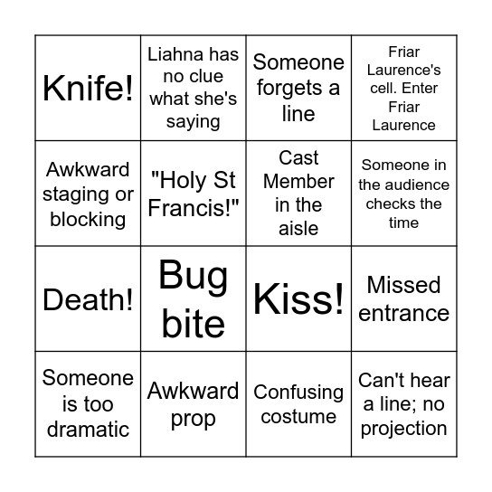 Bingo and Juliet Bingo Card