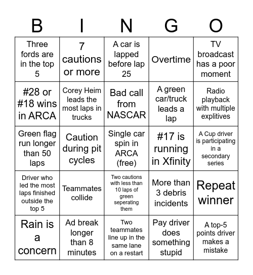 NASCAR Weekend Bingo Card