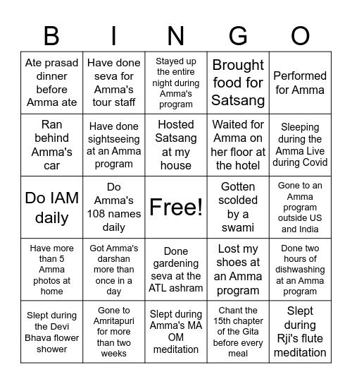 Amma Bingo Card