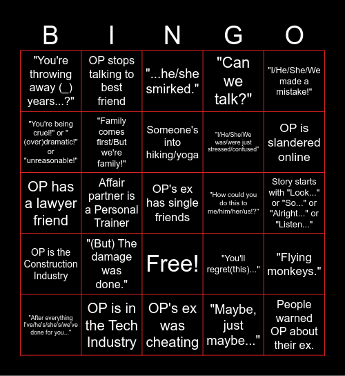 Reddit Story Bingo Card