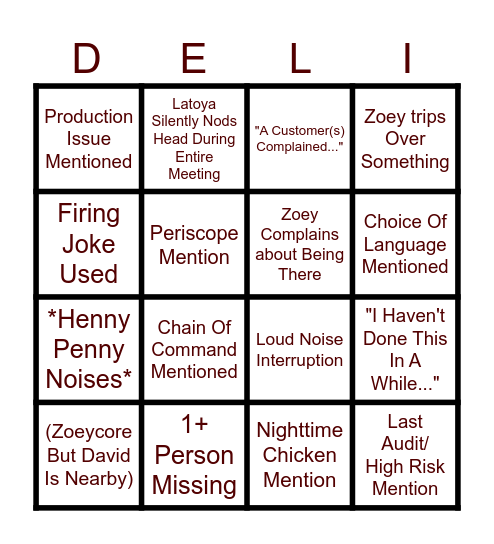 Deli Bingo Card
