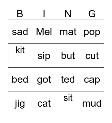 cvc a,e,i,o,u Bingo Card
