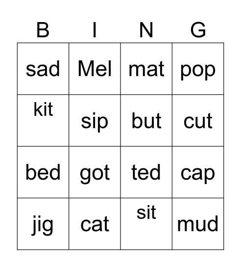 cvc a,e,i,o,u Bingo Card