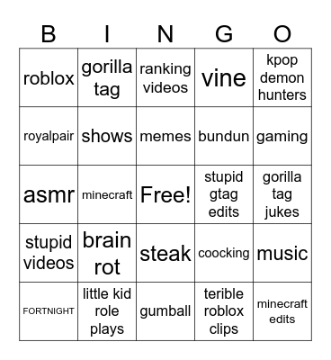 yt shorts Bingo Card