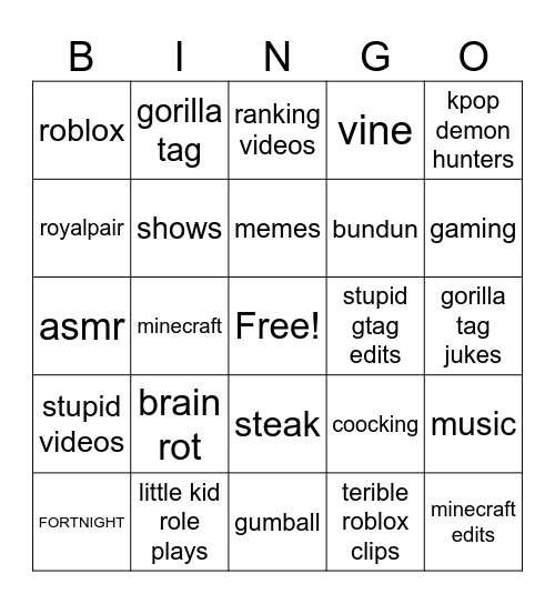 yt shorts Bingo Card