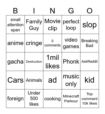 Shorts Bingo Card