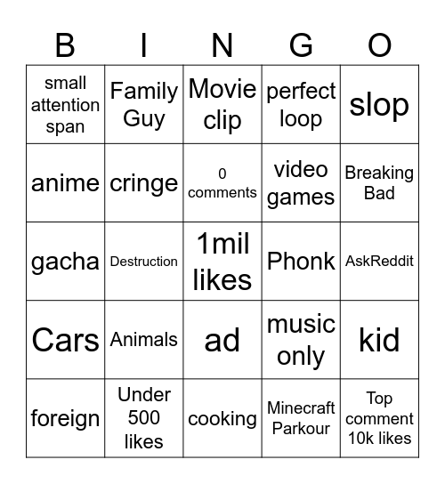 Shorts Bingo Card