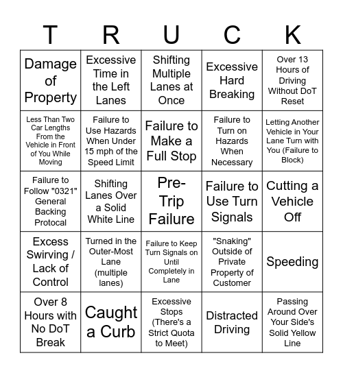 Truck Sim BINGO Card