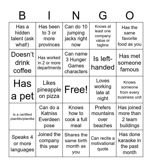 Astra Team Building Bingo Card