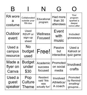 RA Program Planning Bingo Card