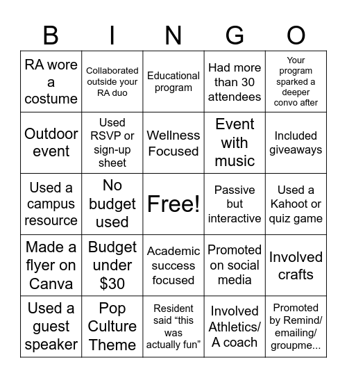 RA Program Planning Bingo Card
