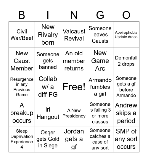 1st Semester Bingo Card