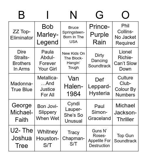 Radio Bingo 80's Greatest Selling Albums Bingo Card