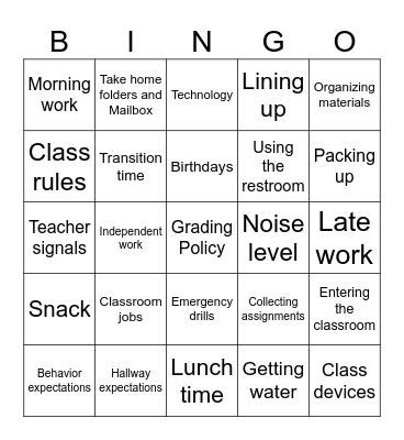 Ms. D's Classroom Procedurs Bingo Card
