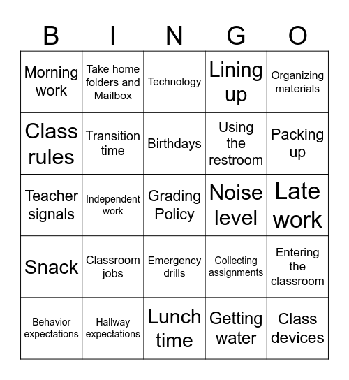 Ms. D's Classroom Procedurs Bingo Card