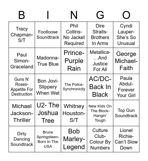 Radio Bingo 80's Greatest Selling Albums Bingo Card