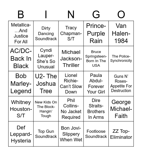 Radio Bingo 80's Greatest Selling Albums Bingo Card