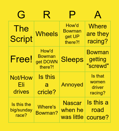 GRPA NASCAR Bingo Card