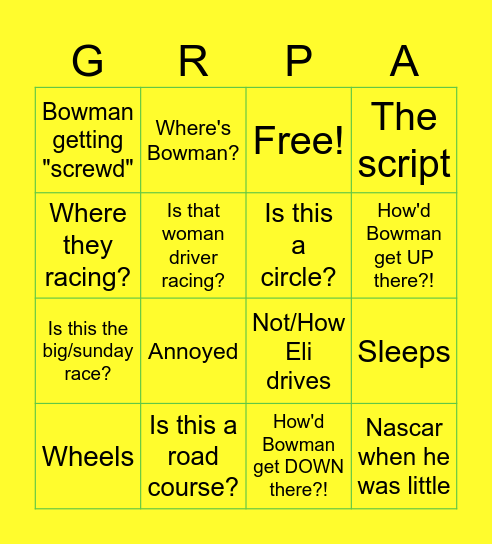 GRPA NASCAR Bingo Card