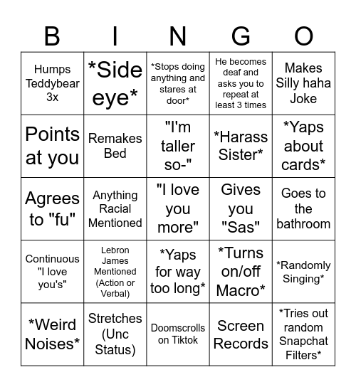 Boyfriend Call Bingo Card