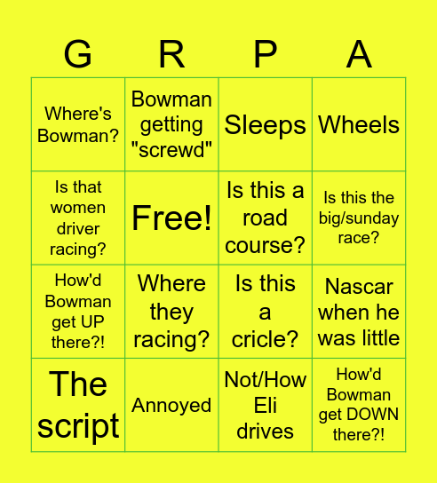 GRPA NASCAR Bingo Card