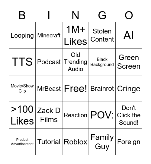 YouTube Shorts (N25) Bingo Card