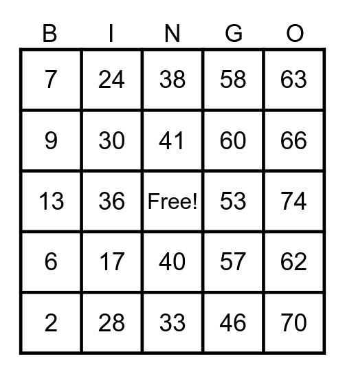 Traditional Bingo Card