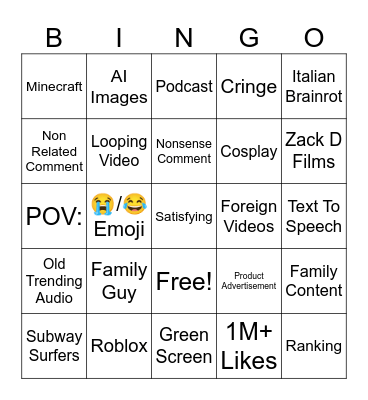 YouTube Shorts (N25) Bingo Card