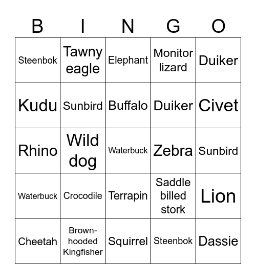 Southern Kruger area Bingo Card