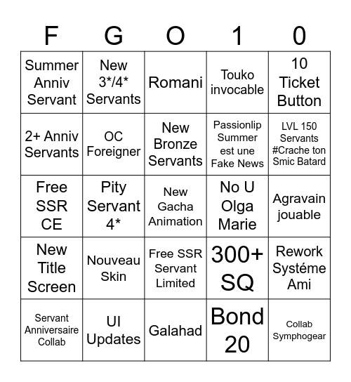 FGO 10th Anniversary Bingo Card