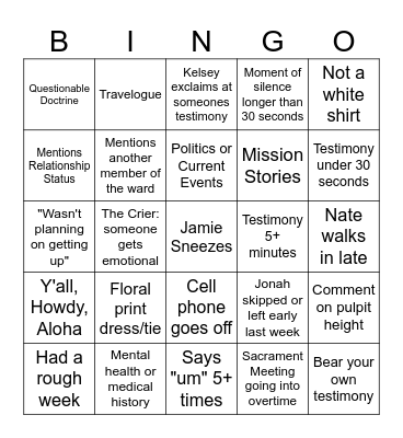 Geriatric YSA Testimony Bingo Card
