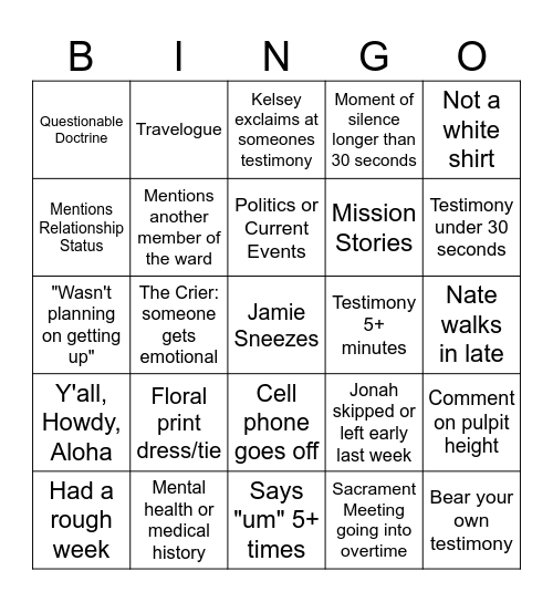 Geriatric YSA Testimony Bingo Card