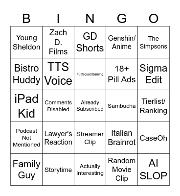 YouTube Shorts Bingo Card