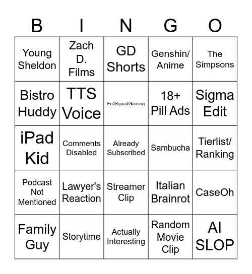 YouTube Shorts Bingo Card