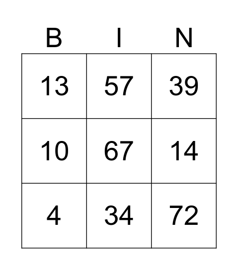 Number Bingo 1-10 Bingo Card