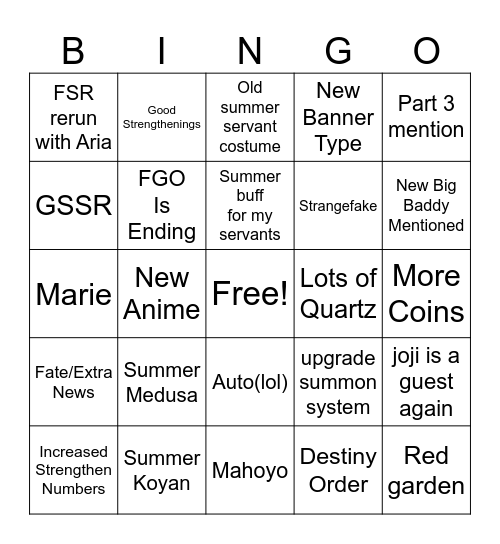 FGO 10th Anni Bingo Card