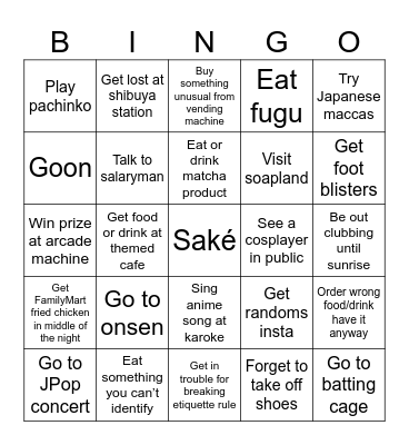 Japan Trip Bingo Card