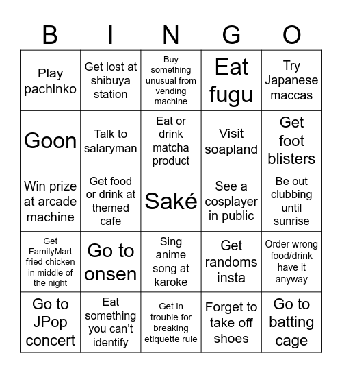 Japan Trip Bingo Card