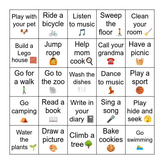 Screen-Free Challenge Bingo Card