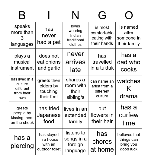 Cultural Bingo Card