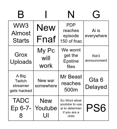Mid 2025-2026 Bingo Card