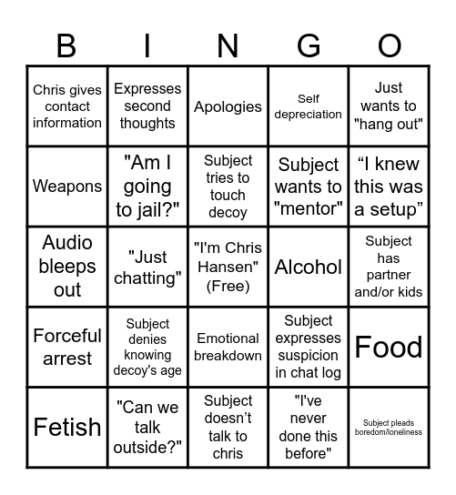 To Catch a Predator Bingo Card