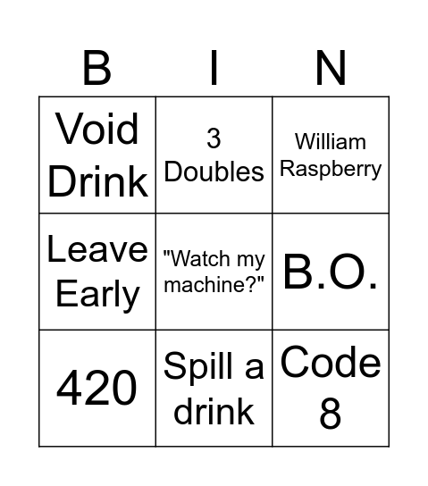 Cocktailing Bingo Card