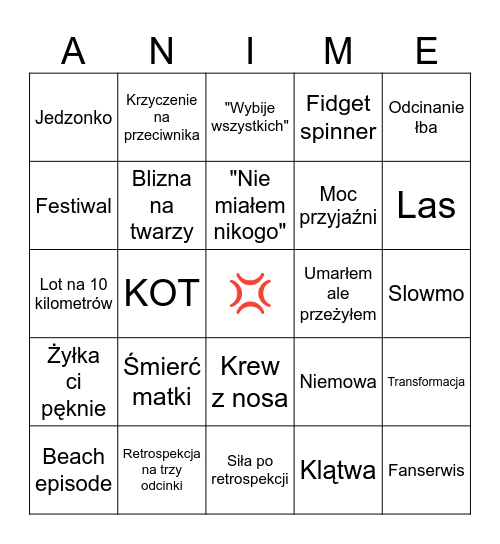 Anime bingo Card