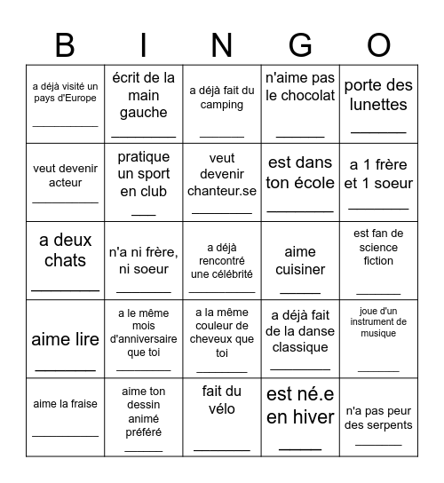Trouve quelqu'un de la classe qui... Bingo Card