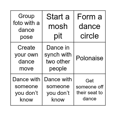 Dancefloor Bingo Card